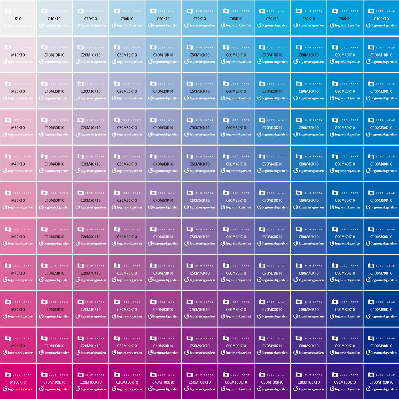 ロゴ制作のための色指定：CMYKカラーチャート（プロセスカラーの色見本）