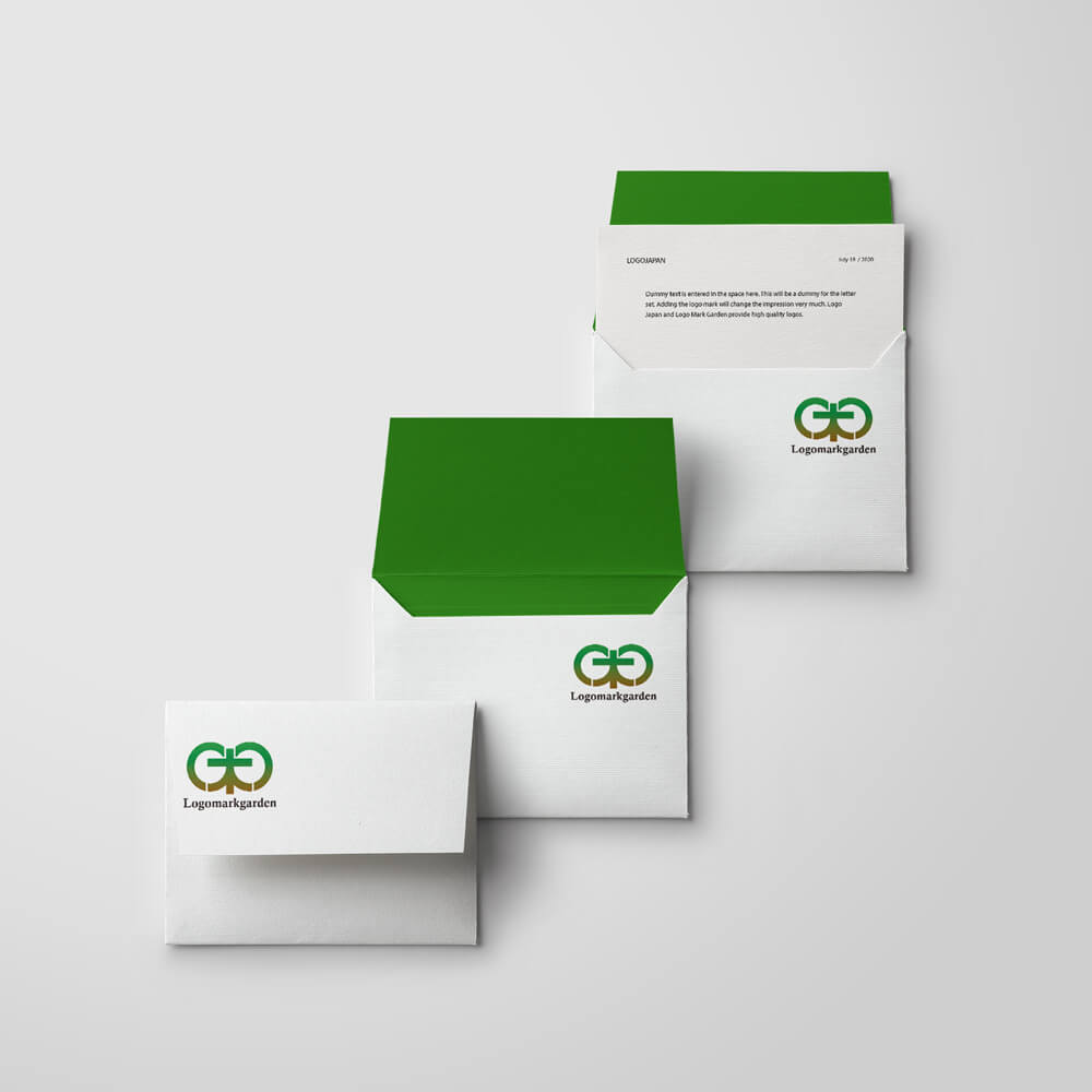 封筒など、ブランドロゴ（Infinity Tree）を統一したステーショナリーのデザイン